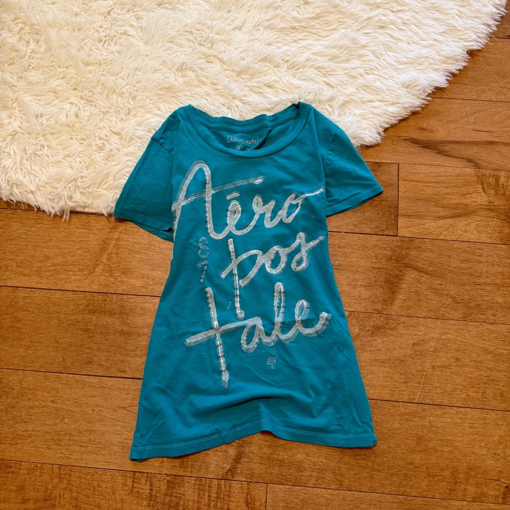 Aeropostale Womens XL Teal Blue Graphic Tee Metallic Silver Logo Y2K Vibe Shirt